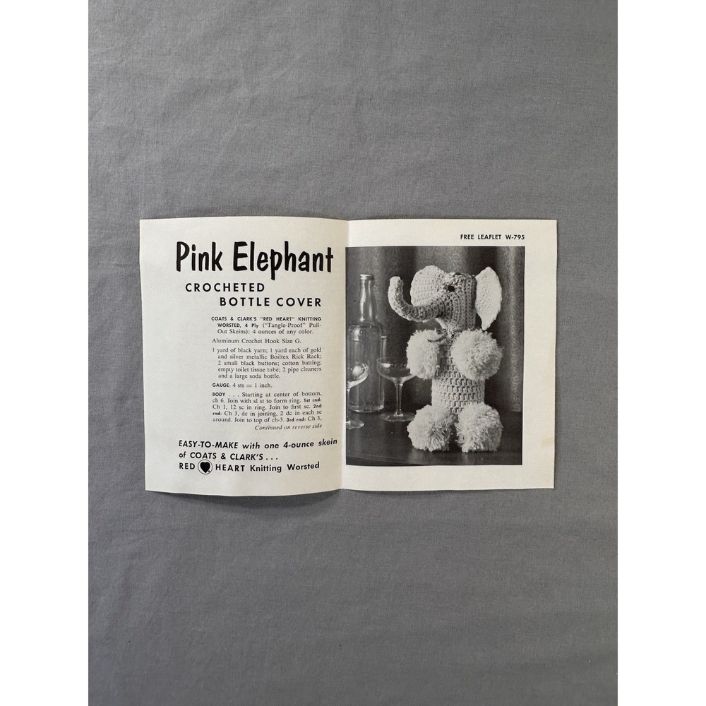 Vintage  Pink Elephant Crochet Bottle Cover Leaflet Pattern Knitting Crafting